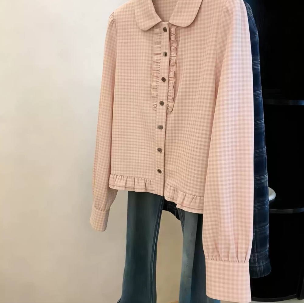 Pink Gingham Ruffle Trim Peplum Shirt